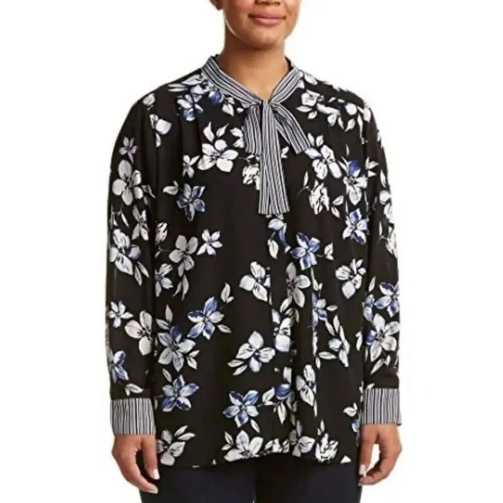 NYDJ tie neck floral button down blouse size PM